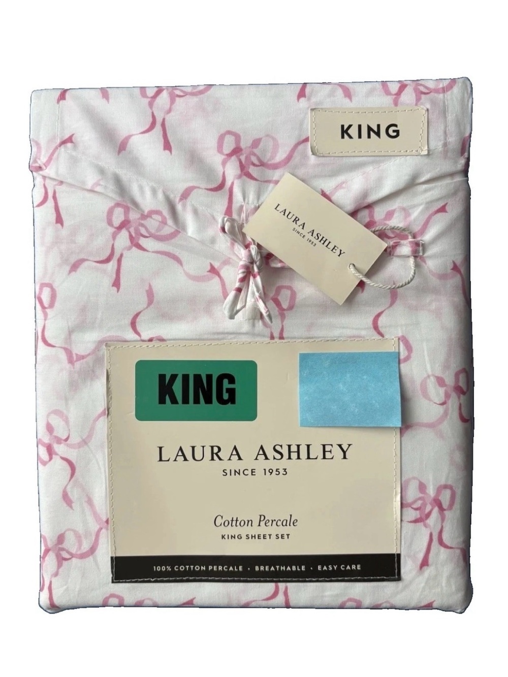 Laura Ashley Pink Ribbons Trailing Bows 4PC King Sheet Set Cotton Percale NWT